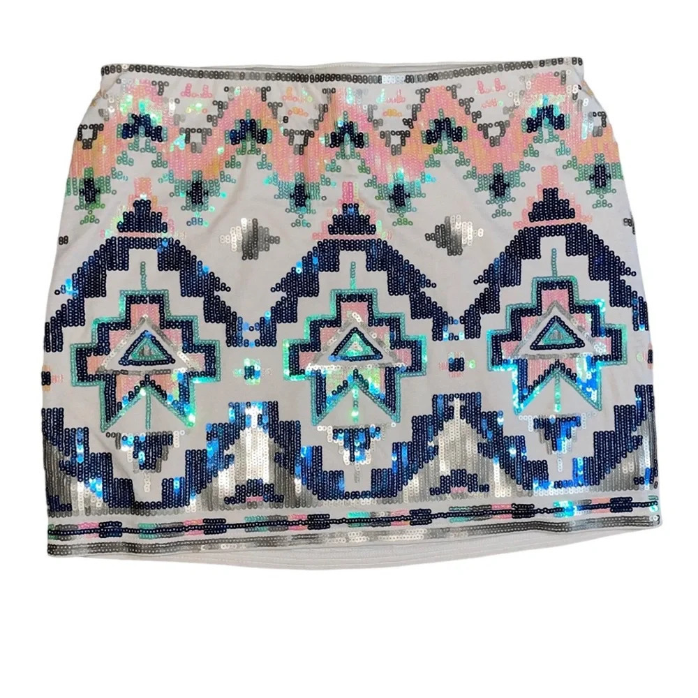 Express Aztec Sequin Tribal Cream Mini Skirt Size XS Colorful Boho Southwestern
